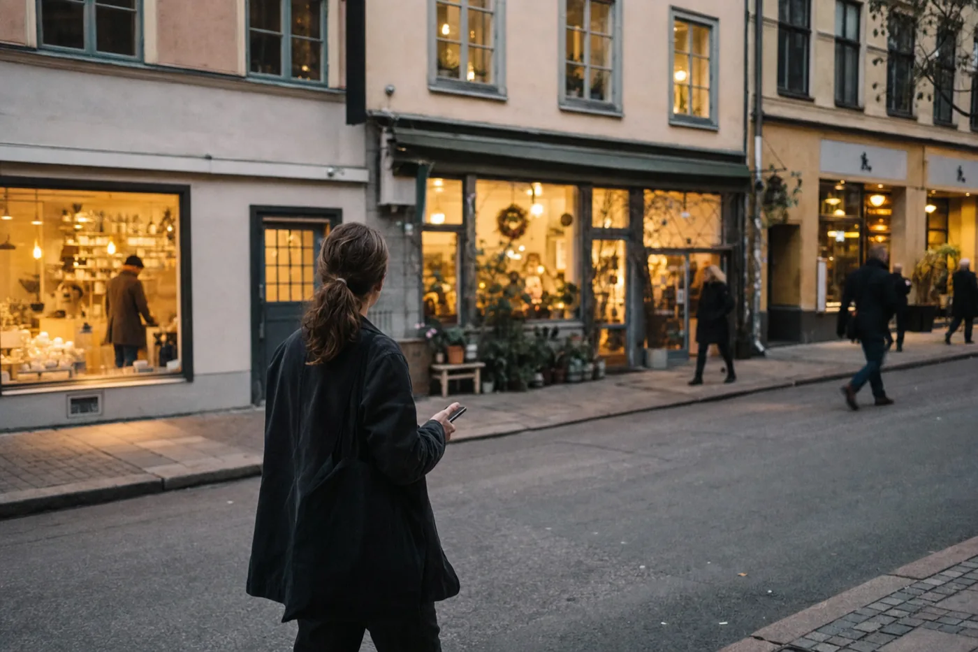 Person med telefon på en kvällsgata tittar mot de upplysta butikerna